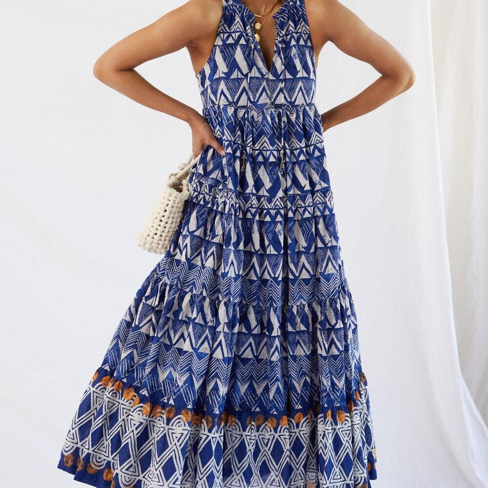 Anthropologie Tiered Abstract Maxi Blue Geometric Cotton Dress